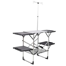 Folding Camping Kitchen Table with Lamp Post, Portable Outdoor Cooking Station with Heat Resistant Top, 4 Side Tables & Lower Storage Rack for Picnic, (Option: TableSilverWithPostOLFC0029)