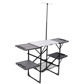 Folding Camping Kitchen Table with Lamp Post, Portable Outdoor Cooking Station with Heat Resistant Top, 4 Side Tables & Lower Storage Rack for Picnic, (Option: TableBlackWithPostOLFC0029)